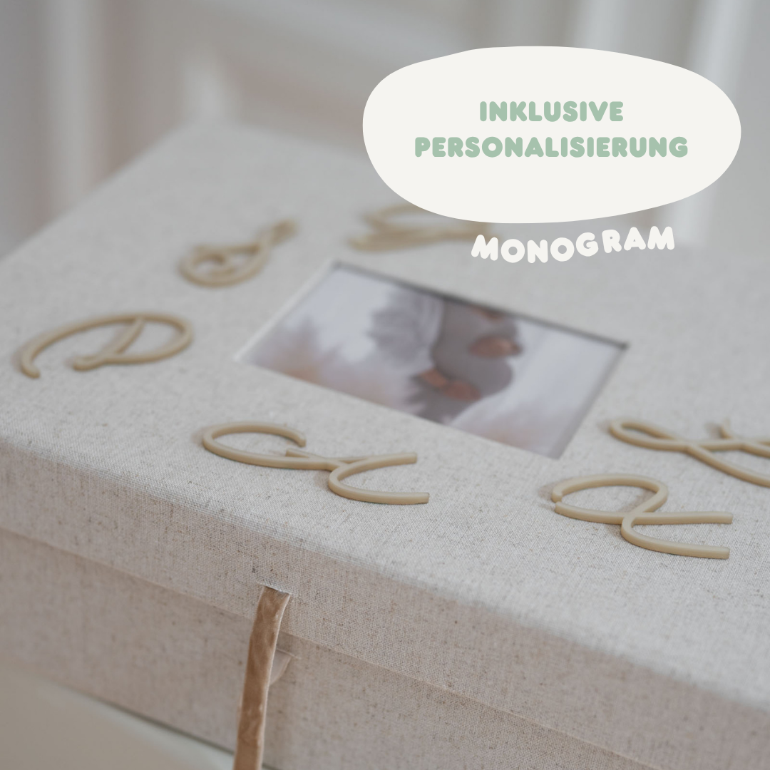 Personalisierte Erinnerungsbox - XL Baby Erinnerungsbox aus Leinen - MONOGRAM