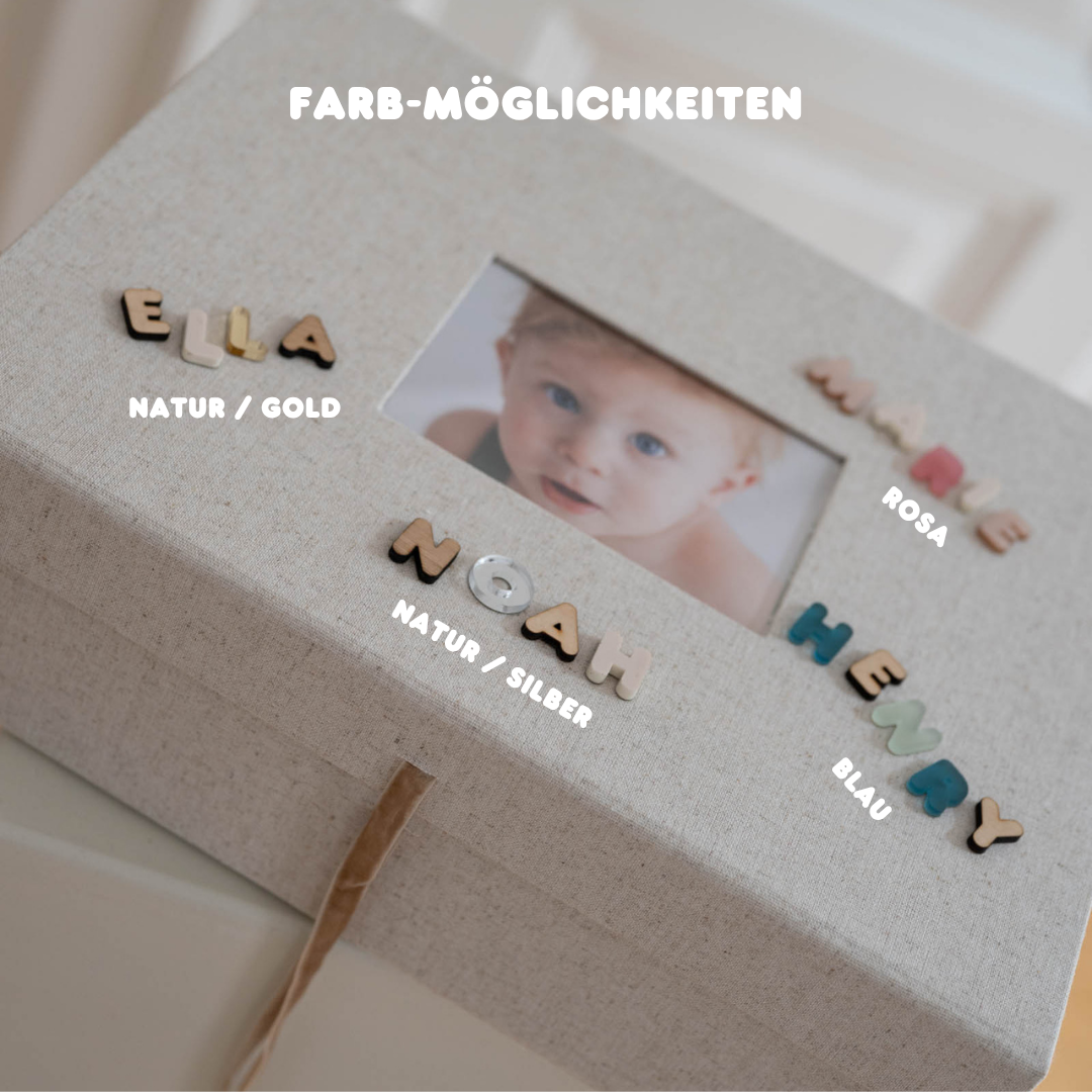 Personalisierte Erinnerungsbox - XL Baby Erinnerungsbox aus Leinen - BUCHSTABENZAUBER