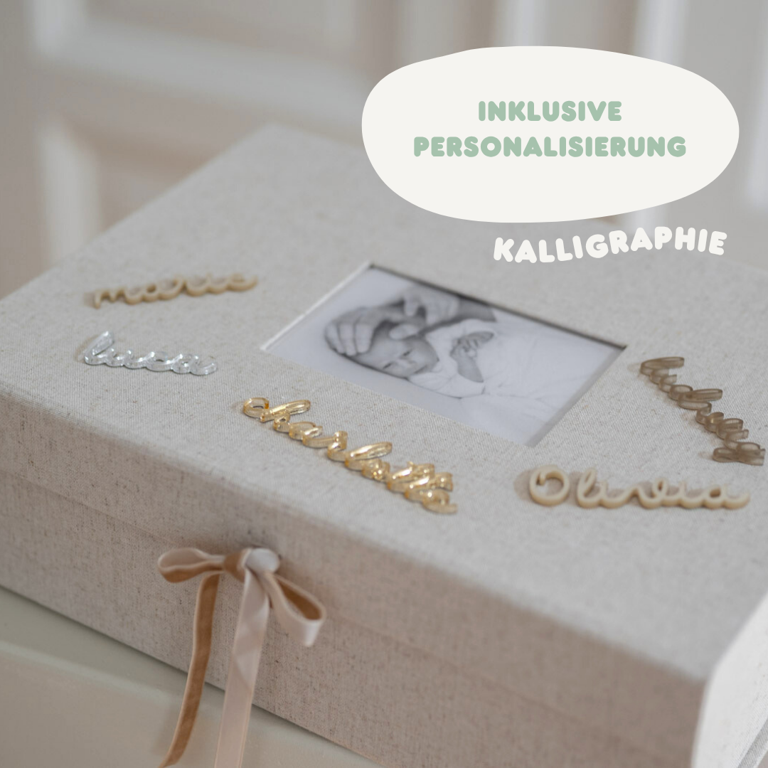 Personalisierte Erinnerungsbox - XL Baby Erinnerungsbox aus Leinen - KALLIGRAPHIE