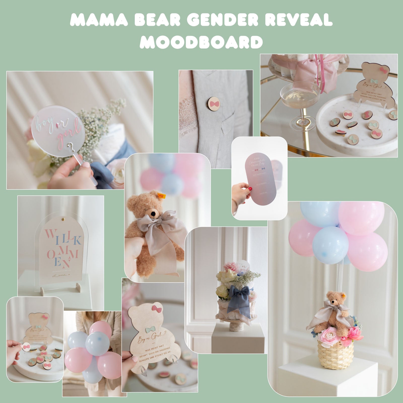 Moodboard für Gender Reveal Party mit Bärchen Motto