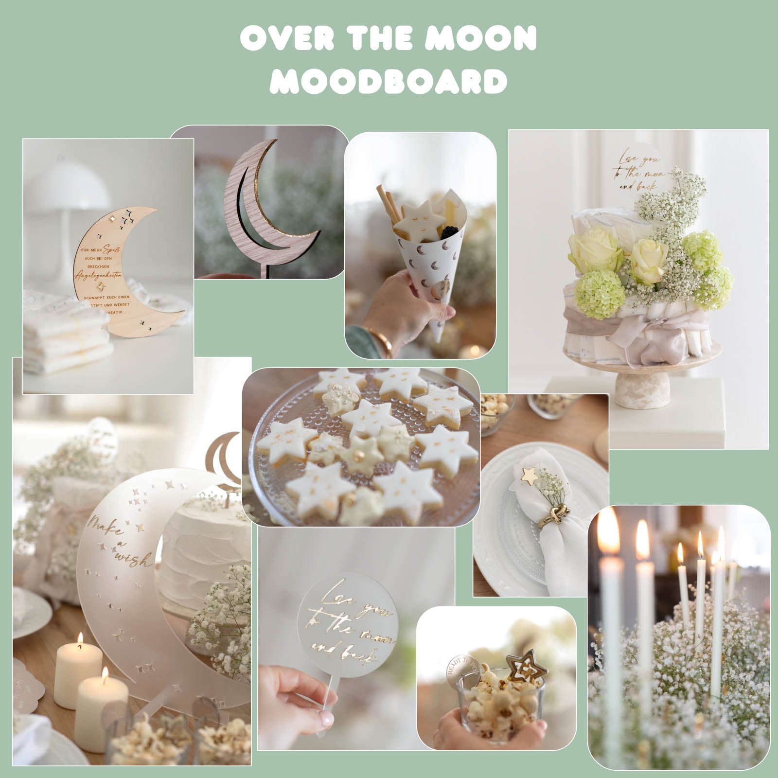 Moodboard für Babyparty zum Thema Over the Moon für Mädchen und Jungen