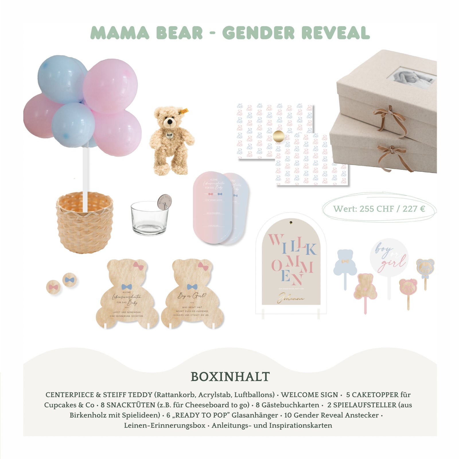 Inhaltsübersicht im Gender Reveal Set zum Thema Bärchen